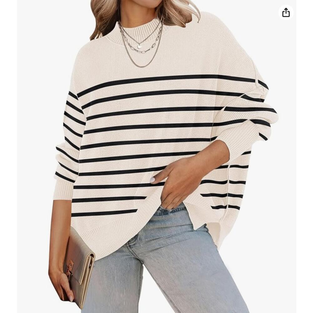 Zesica Striped Oversized Sweater XXL Ivory Black Batwing Sleeve Knit